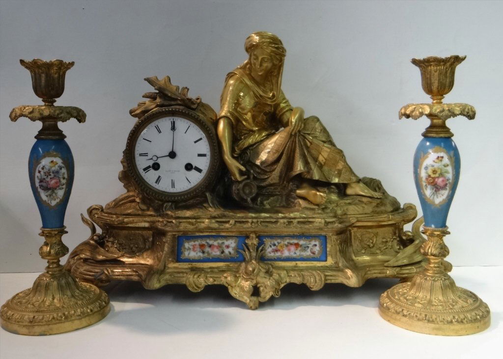 GILDED FIGURAL FRENCH CLOCK SET W/ CANDLESTICKS (1 of 7)