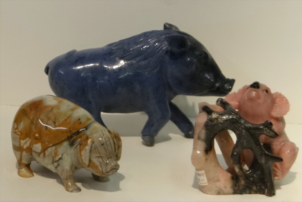 3 STONE CARVED ANIMALS: BOAR, PIG & KOALA BEAR (1 of 10)