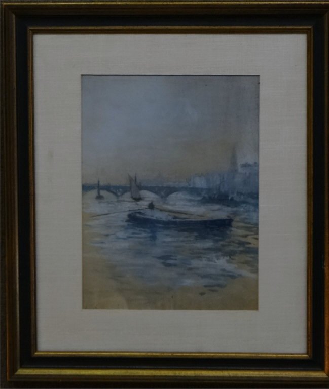 GOUACHE "RIVER THAMES" NOTED IN VERSO CRANE: PROB. BRUCE CRANE (1857 - 1937) 12 1/2" X 15 1/4"