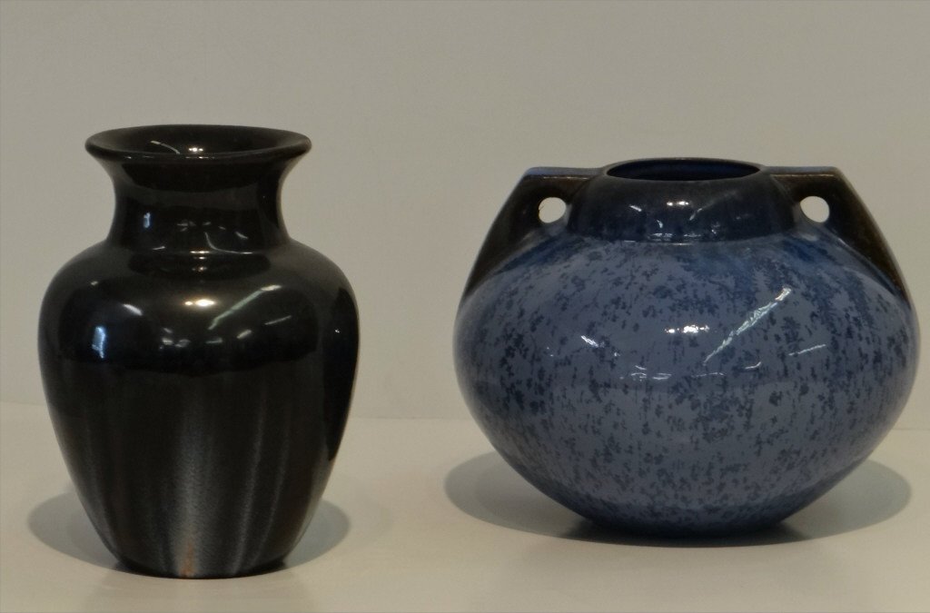 2 FULPER ART POTTERY VASES: 6 1/2" CRYSTALINE BLUE & 7 1/2" GUN METAL GLAZES
