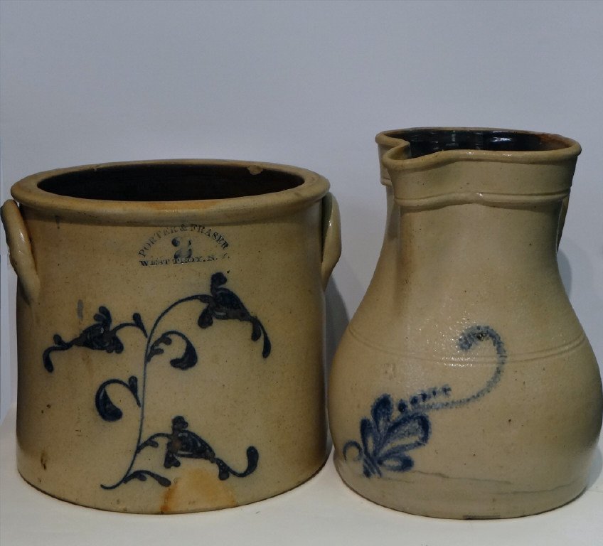 DECORATED STONEWARE PITCHER & CROCK (1 of 10)