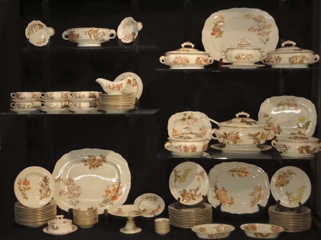 SERVICE FOR 12 + ROYAL WORCESTER PURPLE MARK CHINA: HAND PAINTED FLORAL W/ ELEPHANT HANDLES, OVER 100 PIECES (CONTACT US FOR LISTING)