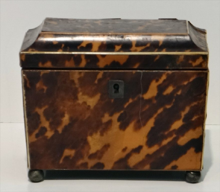 TWO BIN TEA CADDY W/ INTERIOR COVERS , VENEER DMG (1 of 5)