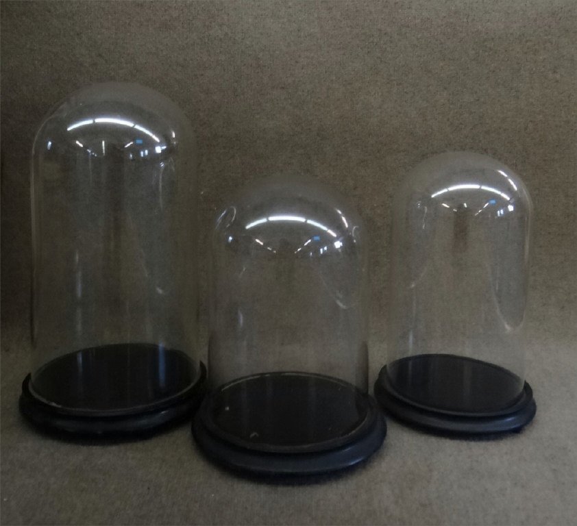 3 ANTIQUE GLASS DISPLAY DOMES, 19", 16" & 15" TALL (1 of 5)