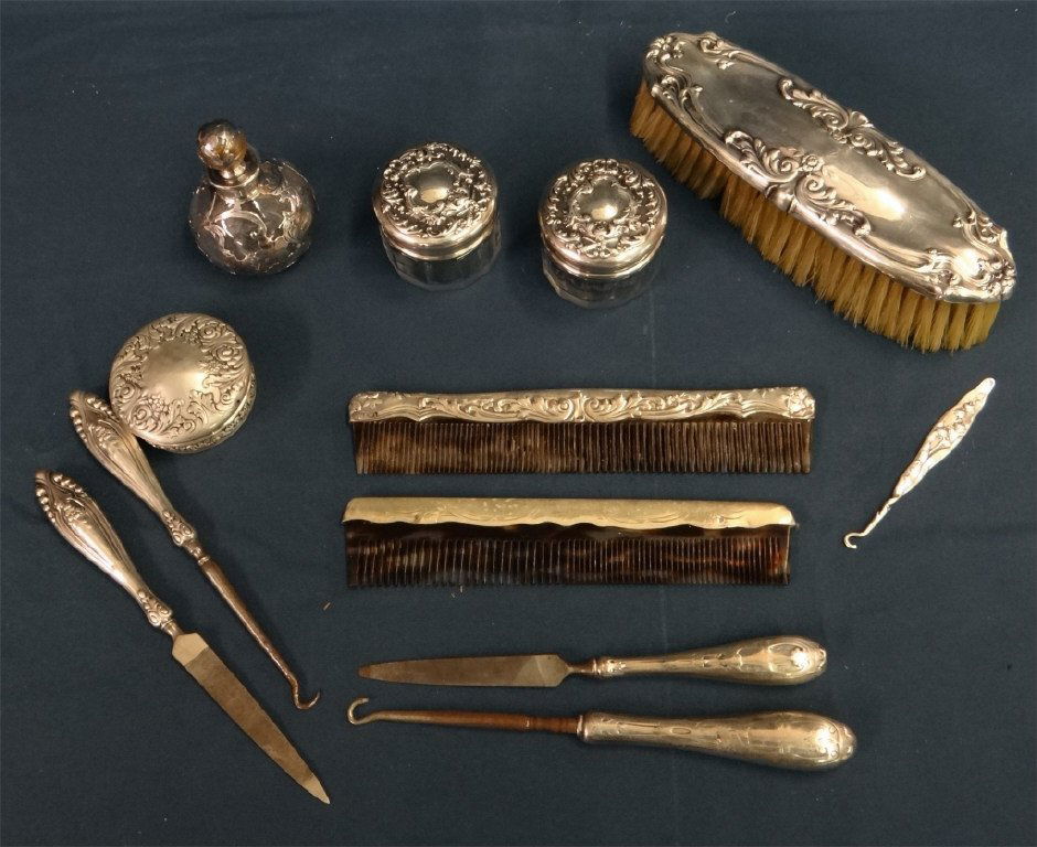 12 PC STERLING DRESSER SET: SCENT BOTTLE, BRUSH, (1 of 1)