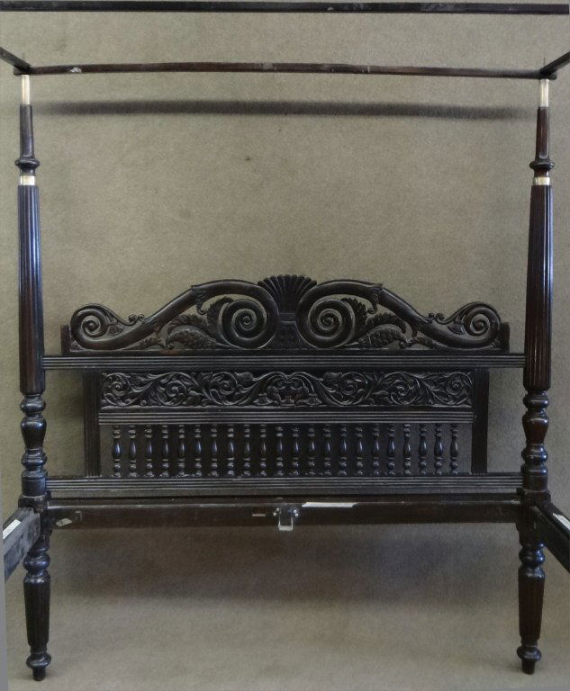 ENGLISH REGENCY TESTER BED W/ CARVED HEADBOARD 19C: ENGLISH REGENCY TESTER BED W/ CARVED HEADBOARD 19C & FLUTED POSTS (80" TALL X 63 3/4" WIDE X 84" LONG) (63 3/4" X 84" MATTRESS SIZE)