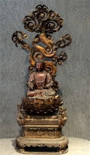 LACQUER & WOOD 19THC. BUDDHA ON LOTUS SHRINE: LACQUER & WOOD 19THC. BUDDHA ON LOTUS SHRINE 50" TALL X 18" WIDE, SOME DMG & LOSSES