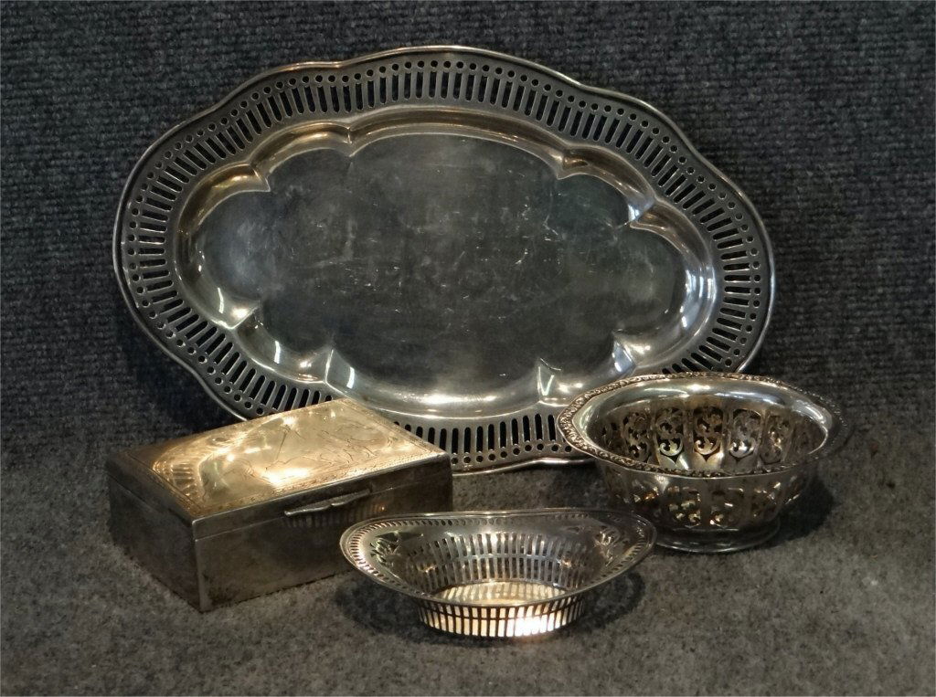 4 PCS. SILVER: PERUVIAN .925 CIG. BOX,  12" TRAY, (1 of 10)