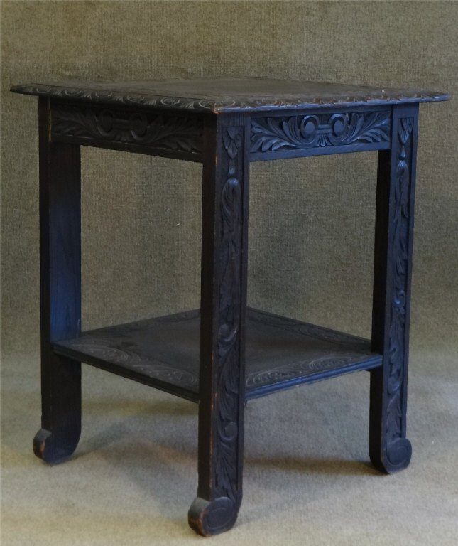OAK CARVED SIDE TABLE C. 1900 TOP:23 1/2" X 24" (1 of 4)