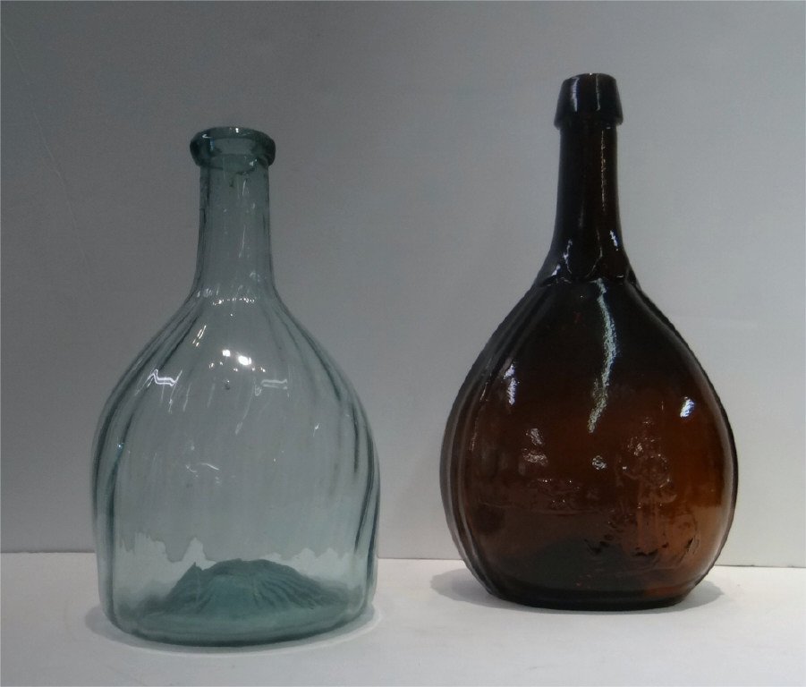 2 HISTORICAL  19THC. BOTTLES: AQUA SWIRL & AMBER (1 of 7)