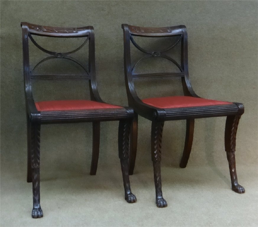 IMPT. PR NY DUNCAN PHYFE SCROLL BACK SIDE CHAIRS: C. 1810 W/ CARVED PAW FEET AND LEGS FREEDMAN COLLECTIONA copy of the consignors receipt for purchase from Israel Sack Inc. in 1995 for $30,000.00 available. Illustrated in “American Antiques from Is