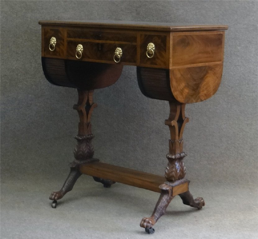 NY FEDERAL PERIOD WORK TABLE, ATTRIB. DUNCAN PHYFE: OR ALLISON, C.1820, W/ ADJUSTIBLE WRITING SURFACE, WORK BINS W/ MARBLIEZED PAPER & CLASSICALLY CARVED PAW FEET (27 1/2" WIDE ) FREEDMAN COLLECTIONThis table is from the ex collection of Richard & Glor