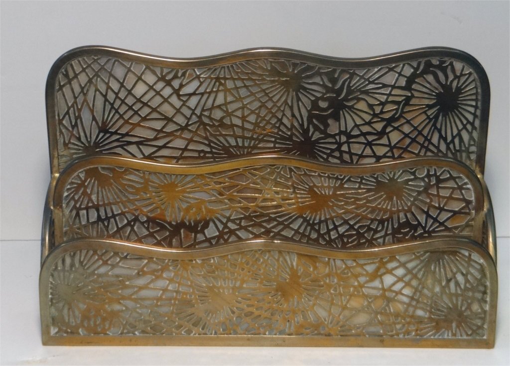 TIFFANY STUDIOS PINE NEEDLE LETTER ORGANIZER: GLASS & BRASS 10" LONG