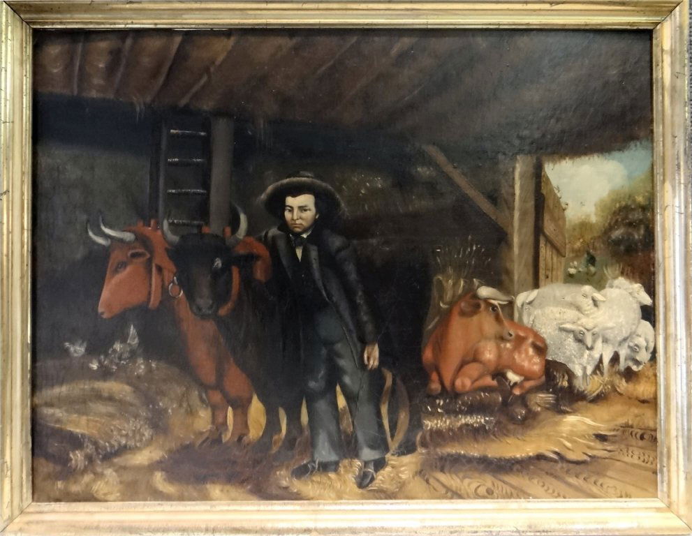 O/BD "IN THE STABLE" IN THE MANNER OF EDWARD HICKS: UNSGND 16" X 20 1/2"