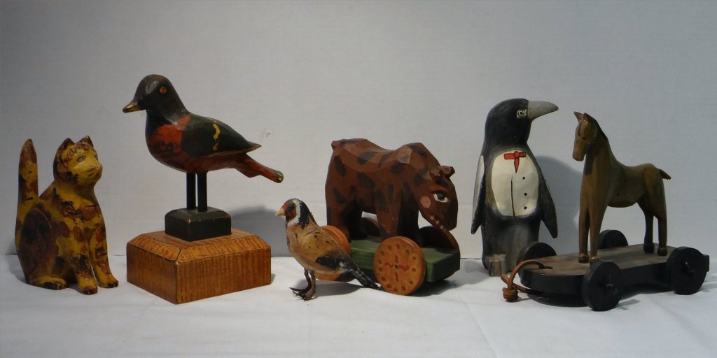 6 FOLK CARVED WOODEN ANIMALS: HORSE SGND KOOSED, (1 of 9)
