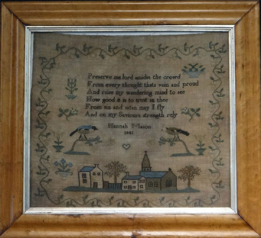 HANNA MASON 1841 SAMPLER W/ PIOUS VERSE: HANNA MASON 1841 SAMPLER W/ PIOUS VERSE & CHURCH COMPLEX INSIDE A STRAWBERRY VINE BORDER (17 1/2' X 15 1/2" )