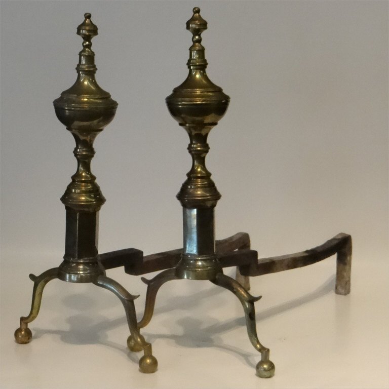 PR OF FEDERAL PERIOD BRASS ANDIRONS 18 1/2" TALL (1 of 4)