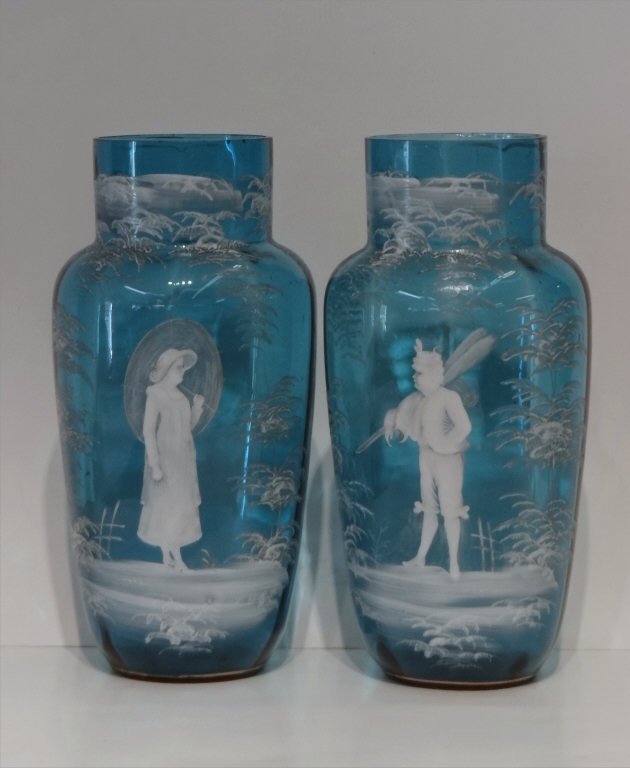 PR OF FRENCH BLUE GLASS VASES W/ MARY GREGORY (1 of 6)