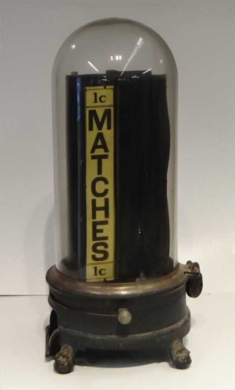 ONE CENT DIAMOND MATCH DISPENSER GLASS & CAST IRON (1 of 5)
