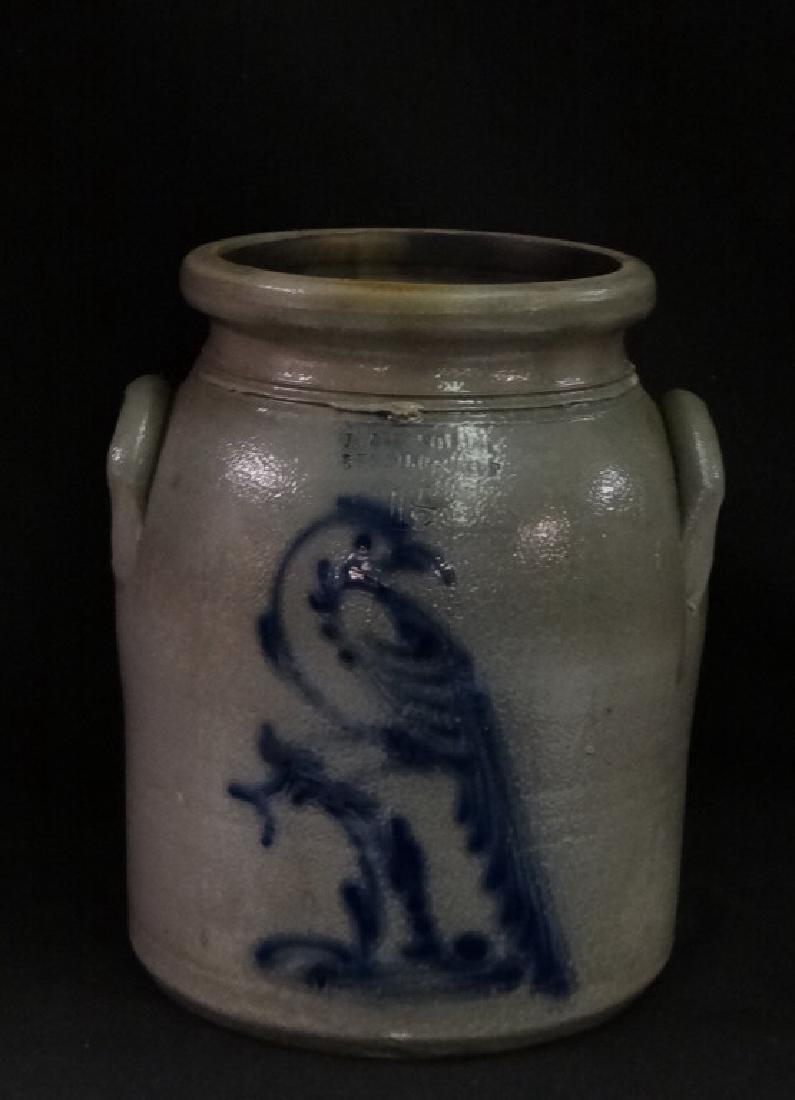 "BIRD ON A STUMP" 1 1/2" GAL. SALT GLAZED FOOD JAR: J & E NORTON, BENNINGTIN VT