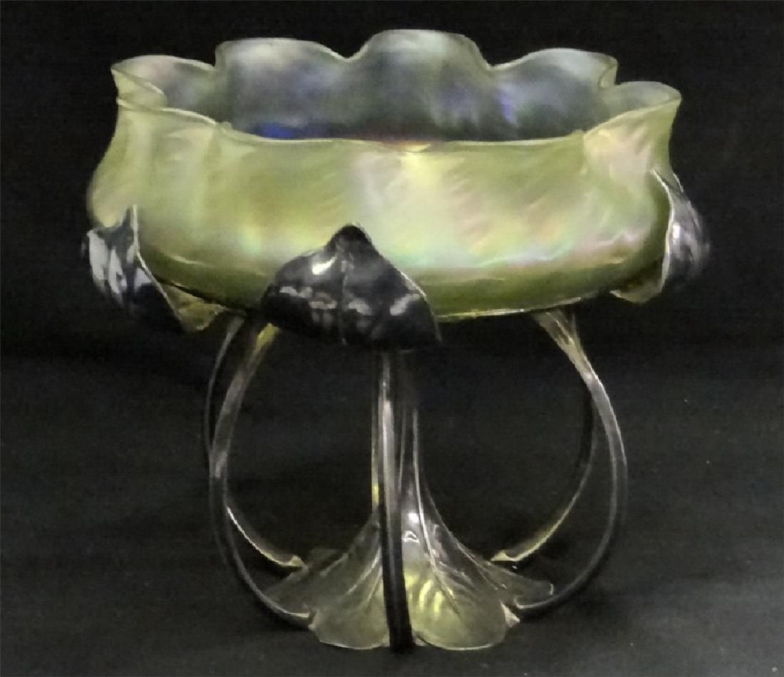 LOETZ GLASS CENTERPIECE BOWL ON FRAME, UNSIGNED: LOETZ GLASS CENTERPIECE BOWL ON FRAME, UNSIGNED