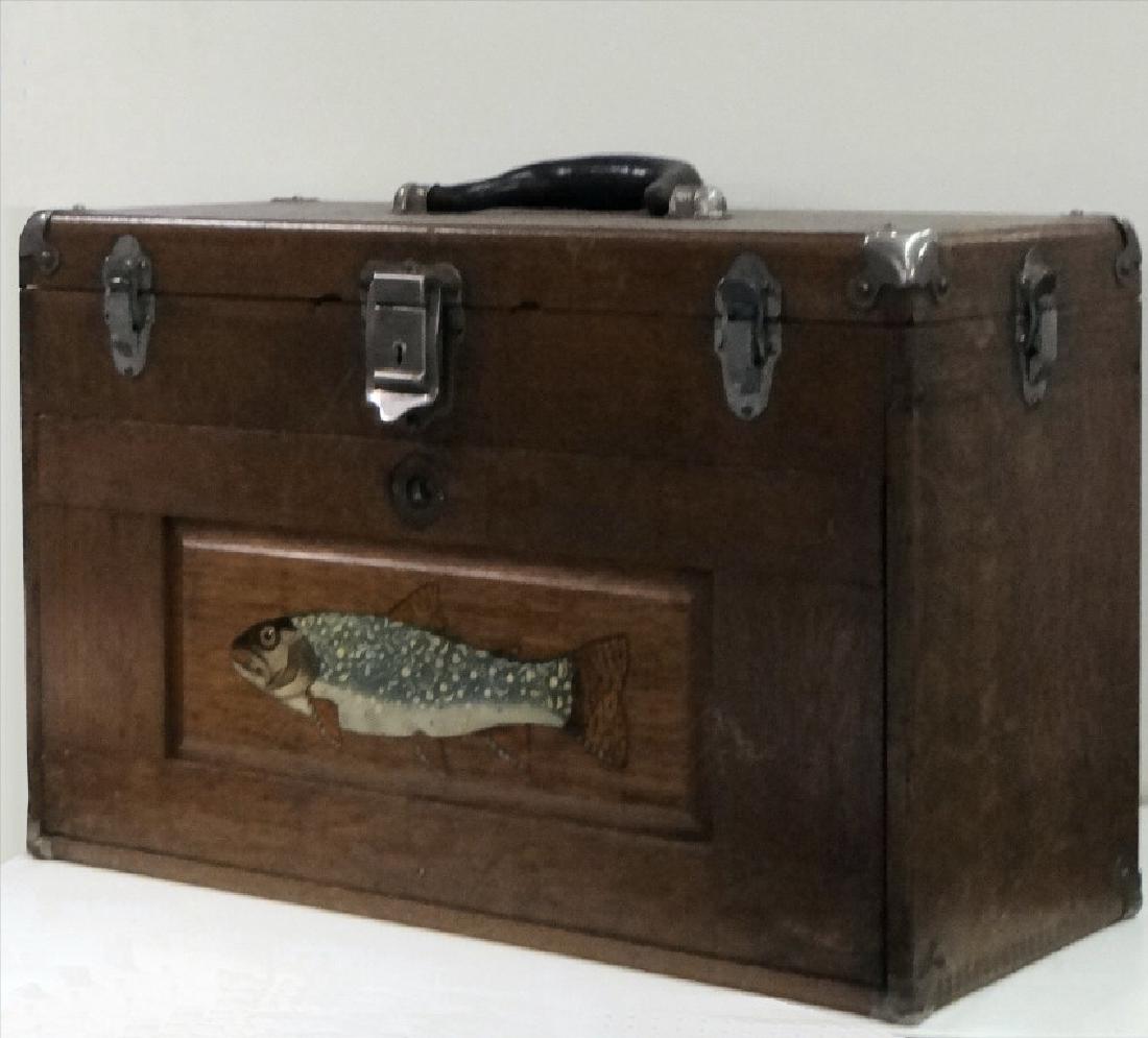 OAK MACHINIST CHEST W/ PAINTED SPORT FISH SGND (1 of 9)