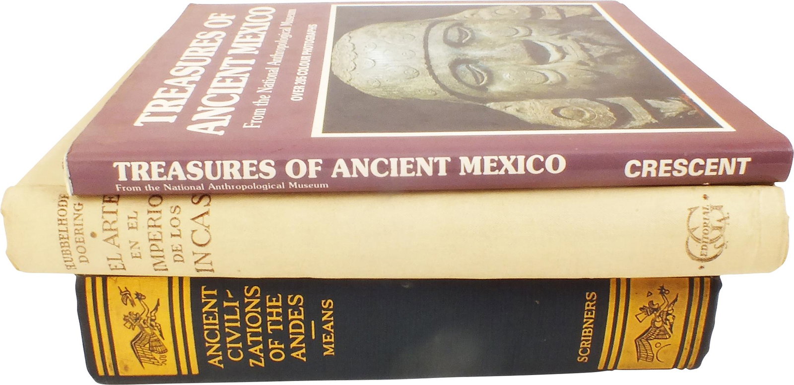 PRE-COLUMBIAN ART BOOKS: Ancient Civilizations of the Andes, Means, 1931, clothbound, El Arte en el Imperio de los Incas, Doering, 1952, clothbound, Spanish language, and treasures of Ancient Mexico, Cervantes, 1978. Servicea