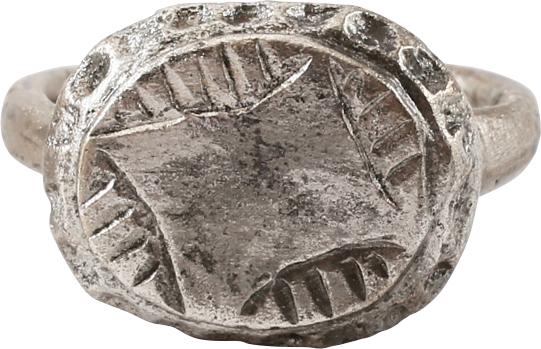 EUROPEAN SPIRITUAL/TALISMANIC RING, 13TH-16TH CENTURY: Size about 6-6 1/4 with flat top oval from band, 2.5mm thick. Oval bezel with four point Star of Bethlehem motif. Thick edge decorated in a series of circular punched. The underside radially fluted. S