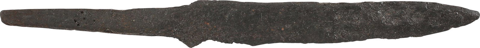 VIKING SIDE KNIFE OR POUCH KNIFE, 879-1067 AD: Recovered in Chambridgeshire England. Over 4 1/4" total length with tapered "whittle tang" which identifies these, as they were used without guards, mounted in a wood or antler grip. (See https://leat