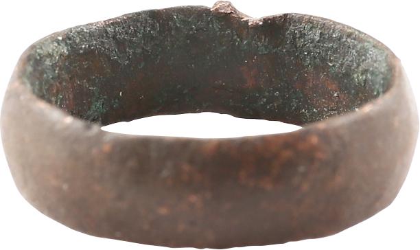 RARE COPPER VIKING WEDDING RING, 900-1050 AD, S 6 1/4: Size 6 1/4. Broad 5.0mm width band, with medially ridged rounded face. Mottled red/brown patina as found. Vikings were expert metallurgists. The use of pure copper is rare and suggests a supernatural
