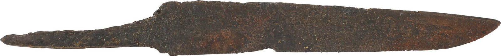 VIKING SIDE KNIFE OR POUCH KNIFE, 879-1067 AD: Recovered in Cambridgeshire England. Over 3 5/8" total length with tapered "whittle tang" which identifies these, as they were used without guards, mounted in a wood or antler grip. (See https://leath