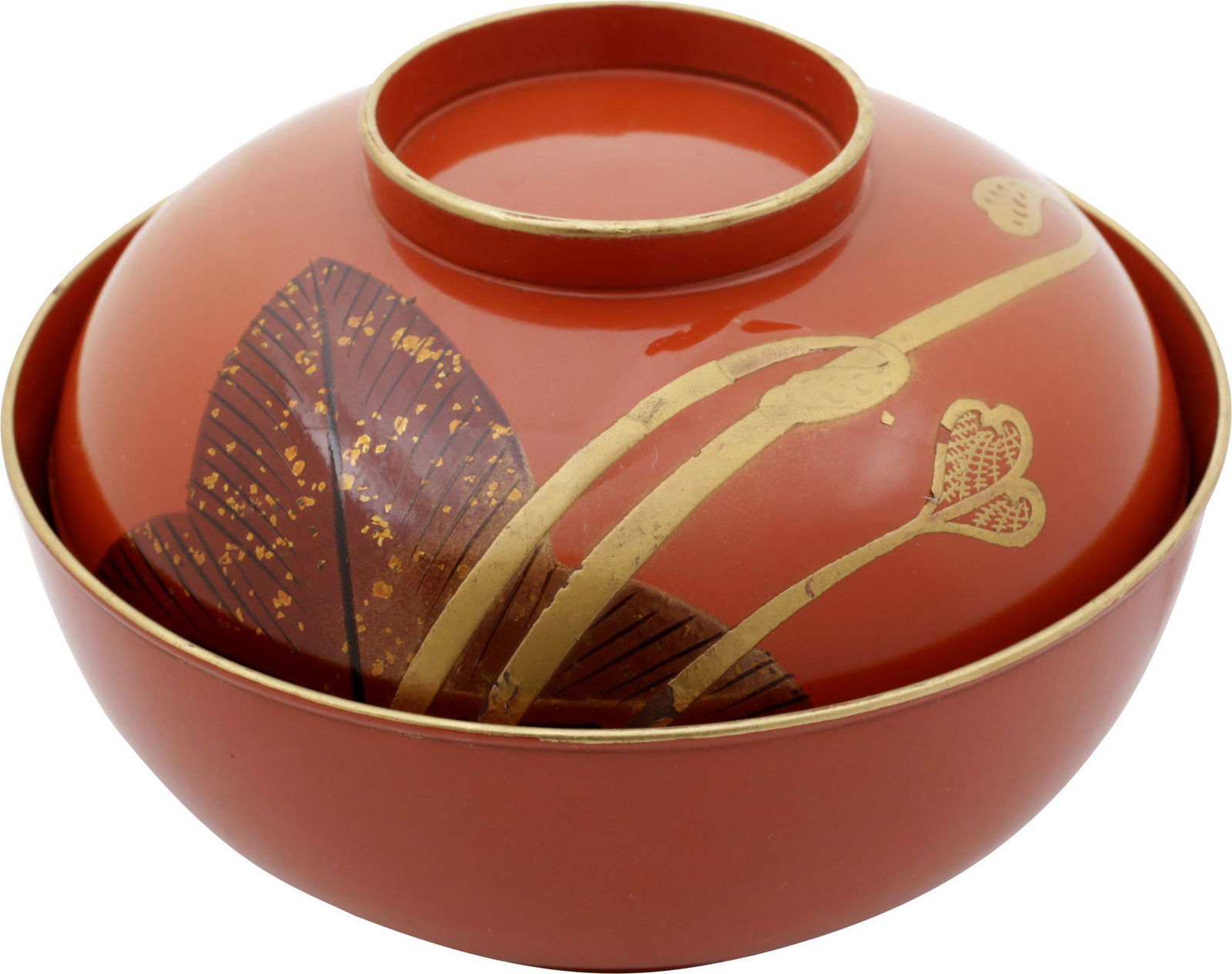 ANTIQUE JAPANESE LACQUERED BOWL OWAN: For soup or rice. Meiji Period C.1900-10. 4 5/8" diameter, both of rounded from with low flared foot and grip. Red/orange body color throughout. The lips and grip edge gilt. The top decorated in gold