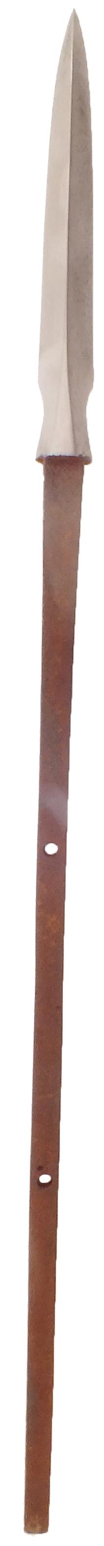 JAPANESE SPEAR HEAD YARI: 18 1/2" length with 4 7/8" triangular section point. The tang is pierced with two holes for securing pins. Point crisp and bright. The tang rusted.