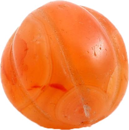 VIKING CARNELIAN BEAD, 900-1050 AD: Ribbed spherical form (melon form) 15.4mm diameter (0.60"). Natural stone, laboriously shaped to a sphere and carved to melon form and drilled for stringing. Extremely labor intensive and skillfully d