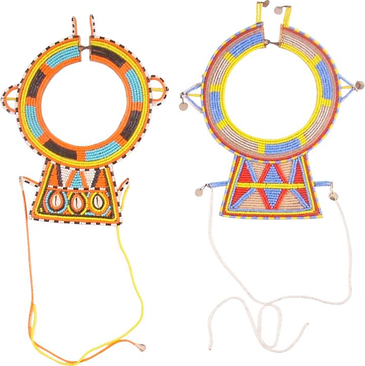 2 MAASAI BRIDES NECKLACES: Two, vintage, probably dating to the 1970s but made with some older beads. Each about 7 1/4" outside diameter on stiff hide backing. Variety of colorful beads and three cowies. The pendants on hand tw