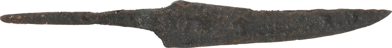 VIKING SIDE KNIFE OR POUCH KNIFE, 879-1067 AD: Cambridgeshire, England. Just over 4 3/8" total length with tapered "whittle tang" which identifies these, as they were used without guards, mounted in a wood or antler grip. (See https://leatherworki