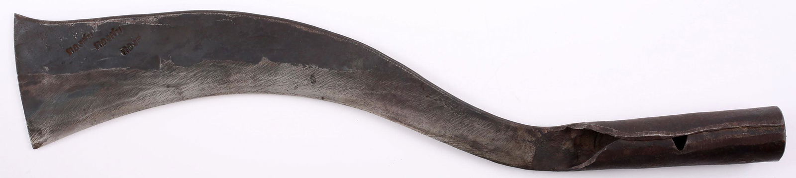 RARE SOUTHEAST ASIAN POLE ARM MAK: 19th century. Used in Thailand, Cambodia and Vietnam. 18" length with wedge section curved blade struck with a cursive makerâ€™s mark (appears Thai), three times. Finely forged with tool finished