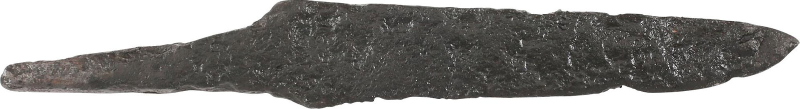 ANCIENT VIKING POUCH KNIFE-NORWAY, 9th-11th CENTURY AD: Just under 3" total length. Particularly thin section for slashing, distinguishing it from a working knife. Whittle tang, to secure it to the wood, bone, or antler grip, now perished. Isolated pockmar