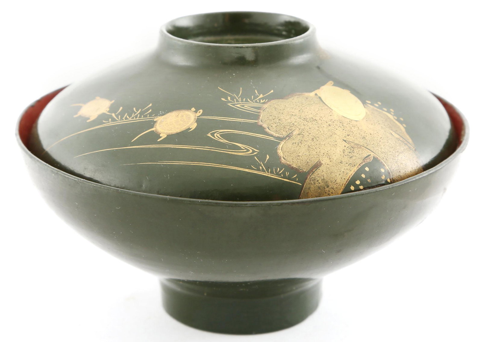 JAPANESE LACQUERED BOWL WITH COVER: Meiji Period, before 1912. 4 3/4" diameter with the delicately formed body. The bowl deeply dished on raised foot. The cover shallower, repeating the profile. Dark green outer with three turtles in aq