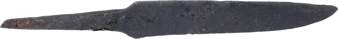 VIKING SIDE KNIFE OR POUCH KNIFE, 866-1067 AD: Danelaw England. Just under 3 1/4" total length. Thick wedge section blade with the straight back of scramseax form. Whittle tang for mounting in a wood, bone, or antler grip without a guard. (See htt