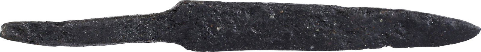 VIKING SIDE KNIFE OR POUCH KNIFE, 879-1067 AD: Recovered in Chambridgeshire England. Just under 3” total length with tapered â€œwhittle tang” which identifies these, as they were used without guards, mounted in a wood or antler gri