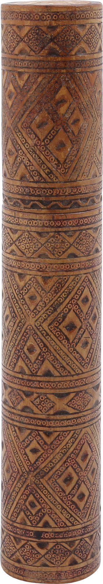 VERY FINE DAYAK LIME CONTAINER C.1850: In two segments of cylindrical cane with the ends wood plugged. Each beautifully carved in repeated diamond geometric patterns comprising bands of tiny concentric circles with alternate bands pigmente