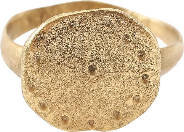 ANGLO SAXON RING, 7TH-10TH CENTURY AD, SIZE 8 1/2: Iconic form as found in the UK in the pre Viking and Early Viking period. Size 8 1/2 with 2.9mm rounded face band. Broad flat canted bezel with a cluster of concentric circles. See Ancient Rings, Poll