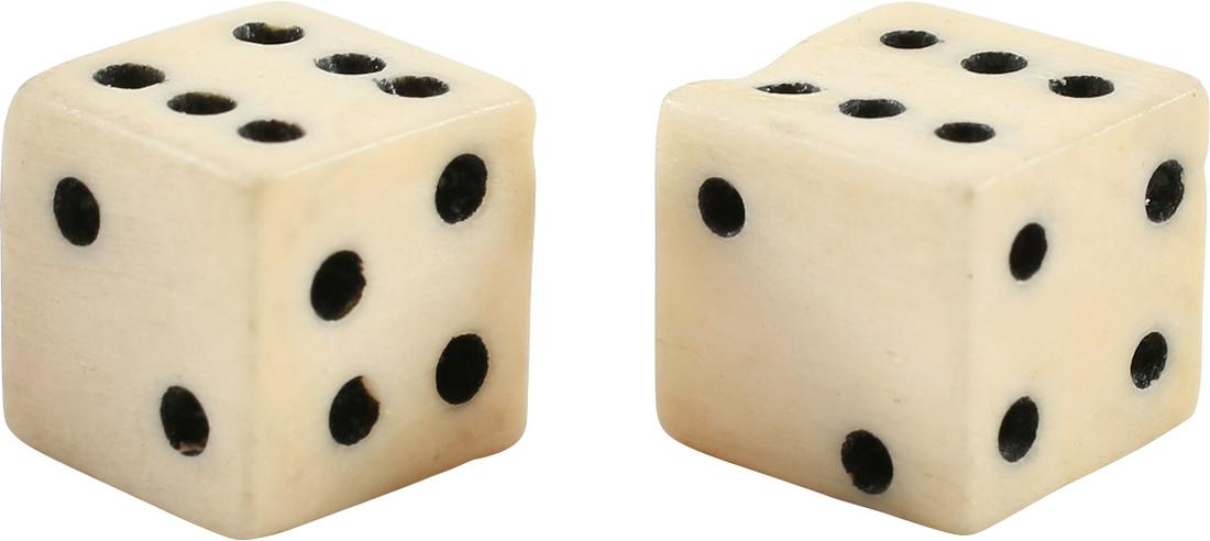 PAIR OF REVOLUTIONARY WAR BONE DICE: Hand-made in New England cottage industries. Just about 3/8" cubes with black inked pips. See Neumann p.129. Popular with both American and English soldiers as they were easily stored in field kits an