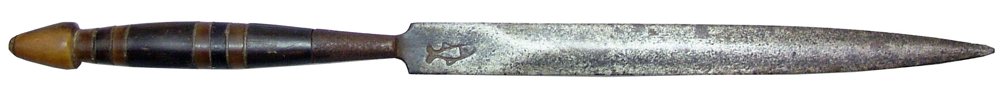 18TH CENTURY MEDITERRANEAN STILETTO: Probably Corsican or Sardinian. 5 7/8" d.e. diamond section blade with flattened ricasso struck with a maker's mark of a fish. Designed to be equally effective for the stiletto attack which was nearly