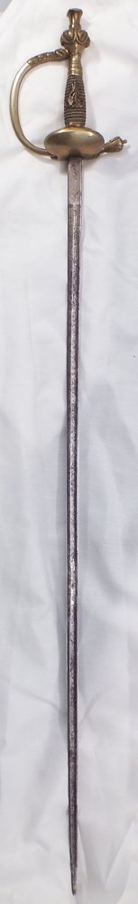OFFICERS SWORD BASED ON THE PRUSSIAN PATTERN: Germanic, pre 1871 confederation. The brass hilt (remnants of gold) with folding guard and wire wrapped grip with crowned CA cipher. 31" blade (pitted) etched first half and marked with Solingen maker