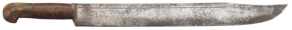 ASHANTI SLAVERS SWORD: Made from a British machete. C.1850-60. 14 1/8" blade with distinct clipped point. The left with a crisp Birmingham makers mark. The original two piece horn grips cut down and embellished with copper 