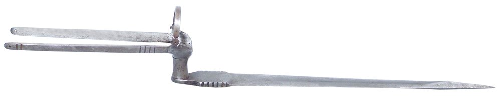 INDOPERSIAN BAYONET FOR MATCHLOCK MUSKET: Iron, forged construction with reinforced armor piercing blade and muzzle assembly with locking ring and side spurs for leather lashing.