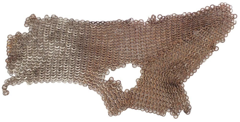 19TH CENTURY MAIL ARMOR FRAGMENT: About 16 1/2" x 7" made of alternate rows of flat sheet rings and butted joint wire rings. Produced in Birmingham England for the Egyptian government to fight the Mahdist fundamentalists who subsequen