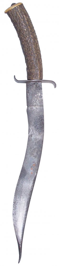 ANGLO INDIAN FIGHTING KNIFE C.1800-50: Vicious scorpion stinger armor piercing point. Gnarled antler grip with bone pommel cap. Recurved iron fighting guard. 11 1/4" s.e. blade with thickened ricasso, curved through its length with extende